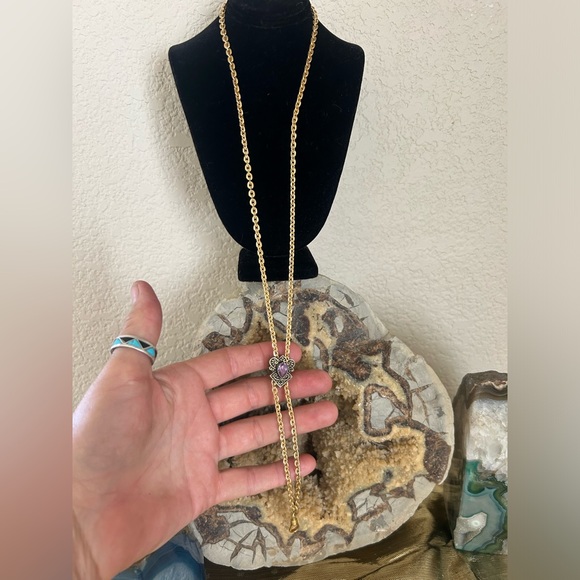 Sterling Silver with Amethyst gem on gold chain lanyard - Picture 6 of 11